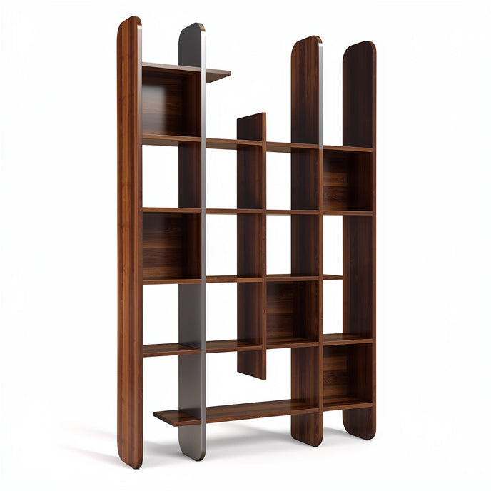 **Title: Modern Wooden Bookshelf with Open Shelves and Sleek Design**