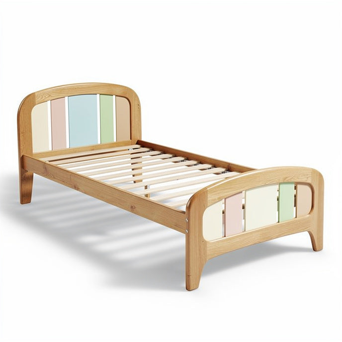 **Modern Wooden Bed Frame with Colorful Panel Design**