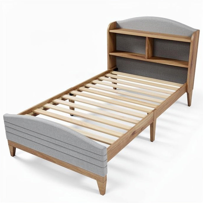 **Modern Wooden Bed Frame with Integrated Shelves and Slatted Base**